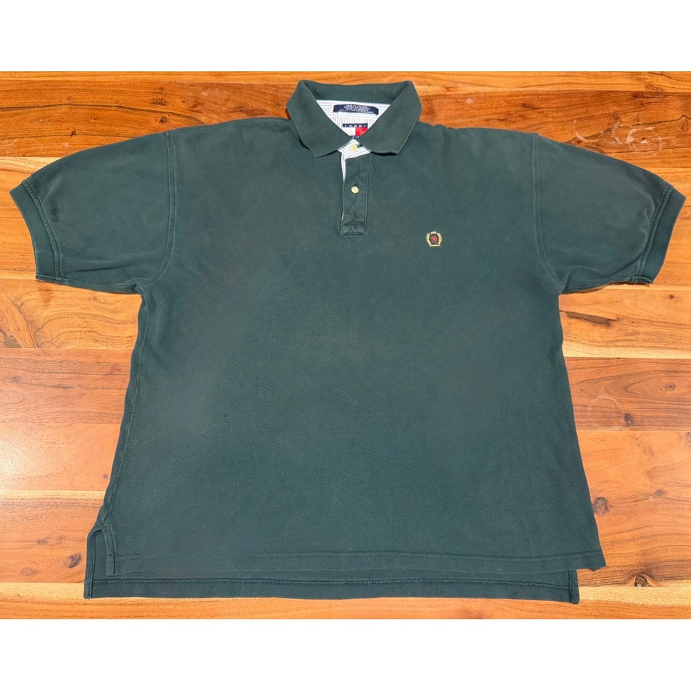 Tommy Hilfiger Mens Large Green Short Sleeve Crest Logo Cotton Pique Polo Shirt
